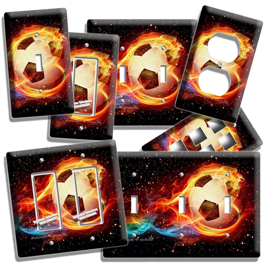 SOCCER BALL IN FLAMES FOOTBALL LIGHT SWITCH OUTLET WALL PLATES ROOM SPORT DECOR