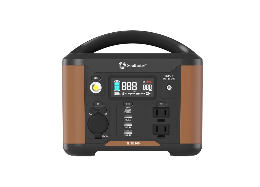 SOUTHWIRE 53250 Elite 200 Series, 222Wh Backup Lithium Battery, 120V/200W Pure Sine Wave AC Outlet, Solar Generator (Solar Panel Not Included) for Camping, Travel, RV, Outdoors and more