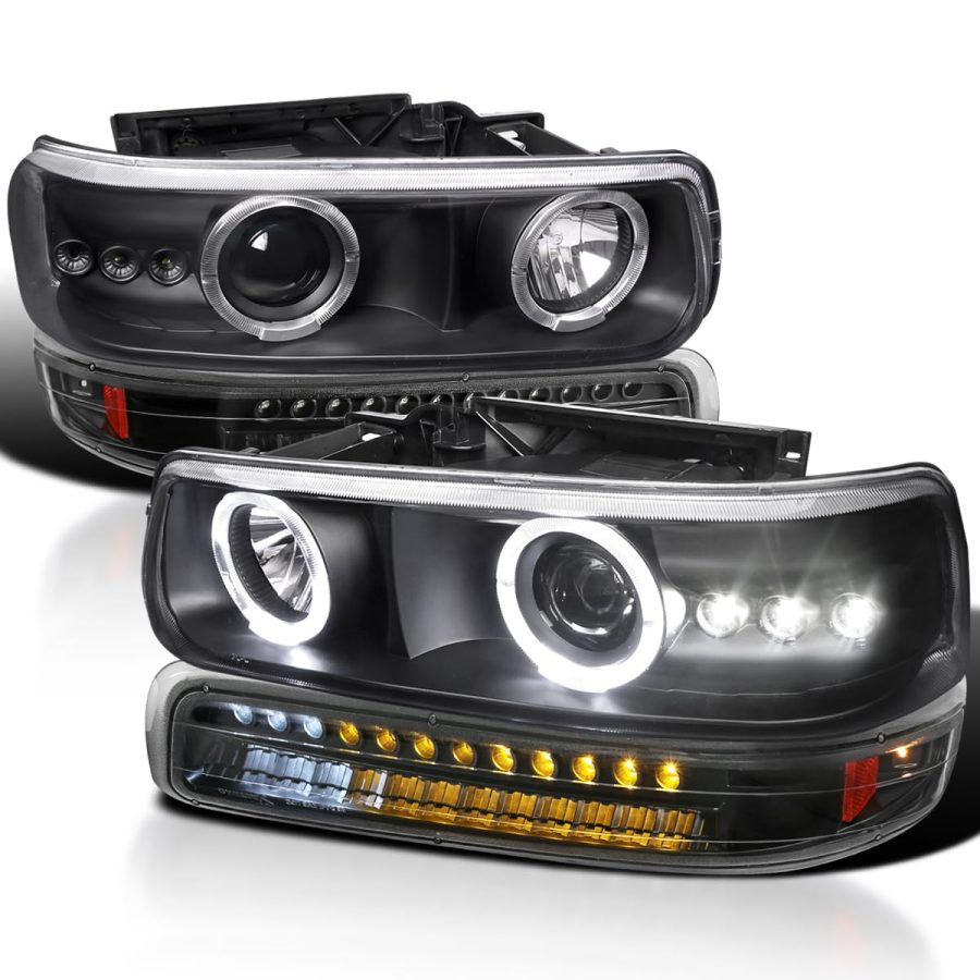 SPEC-D TUNING 2LBLHP-SIV99JMLED-RS Headlight Assembly; Halogen Bulb; Dual Halo Projector Headlights With Sequential LED Turn Signal Bumper Light And Amber Reflector; H1 High/ Low Beam Bulb; Clear Lens; Matte Black Housing; DOT/ SAE Approved; Set Of 2