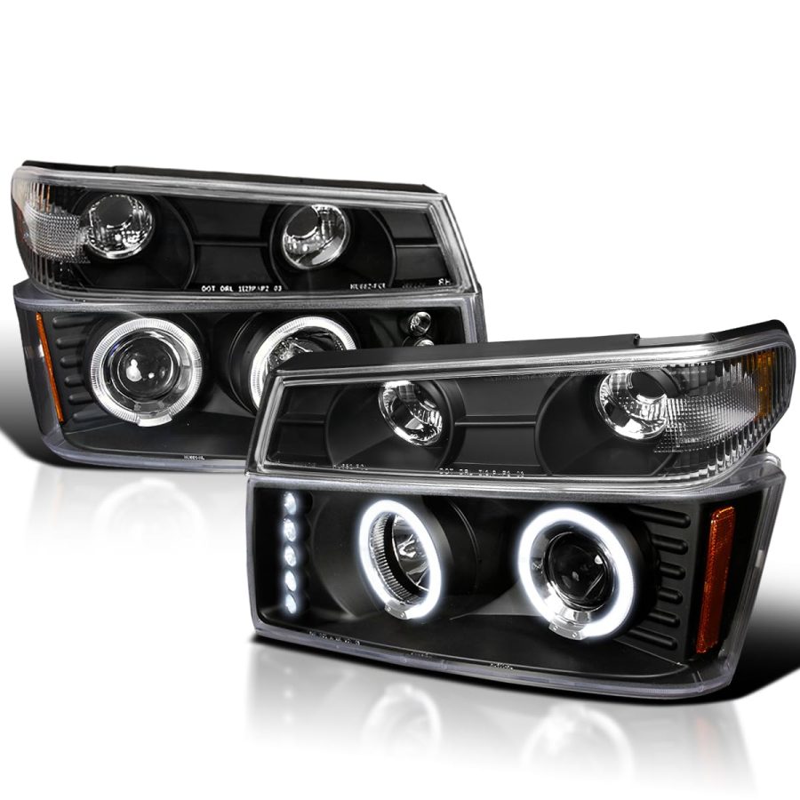 SPEC-D TUNING 2LCLHP-COL04HJM-TM Headlight Assembly; Halogen Bulb; Dual Halo Projector Headlights With Corner Turn Signal Bumper Light And Amber Reflectors; H1 High/ Low Beam Bulb; Clear Lens; Matte Black Housing; DOT/ SAE Approved; Set Of 2