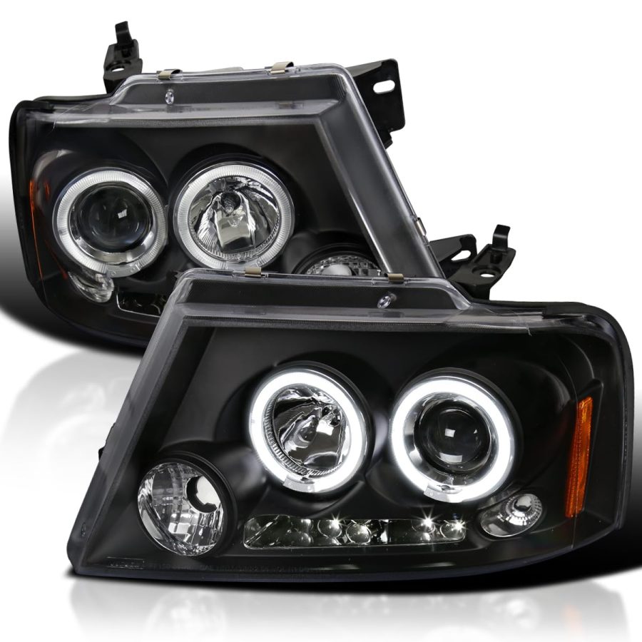 SPEC-D TUNING 2LHP-F15004JM-TM Dual Halo Projector Headlights Black Compatible with 2004-2008 Ford F-150, 2006-2008 Lincoln Mark LT, Left + Right Pair Headlamps Assembly