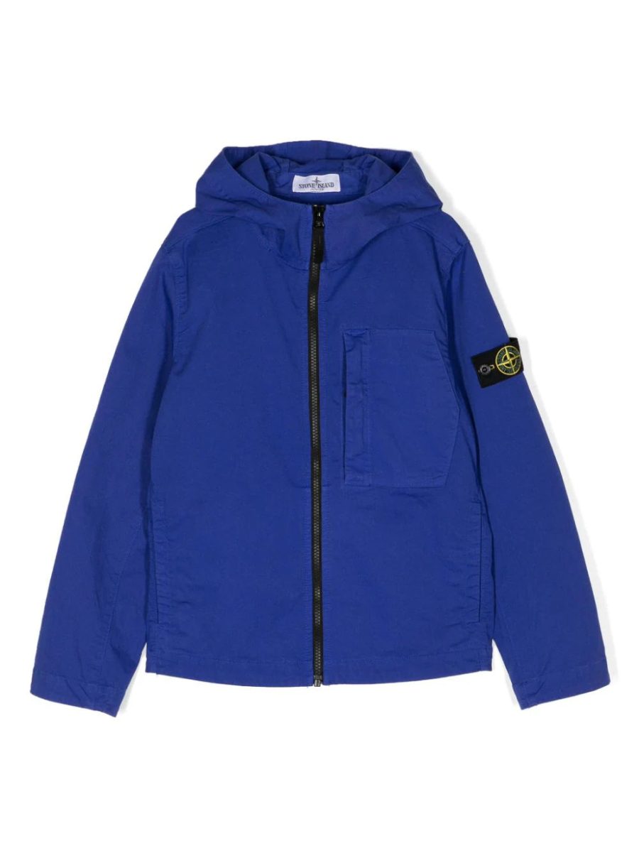 STONE ISLAND KIDS Zip-Up Hooded Twill Jacket Blue