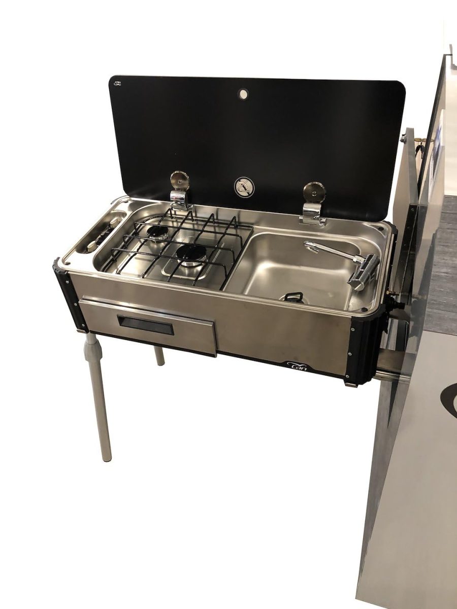 SUBURBAN 3250AST CAN RV Sink/Stove Combo, Stainless Steel Slide-Out Outdoor Kitchen with Glass Lid, Dual Burner Stove Top, Fold Down Spigot, Adjustable Legs, Easy-to-Clean RV Outdoor Kitchen