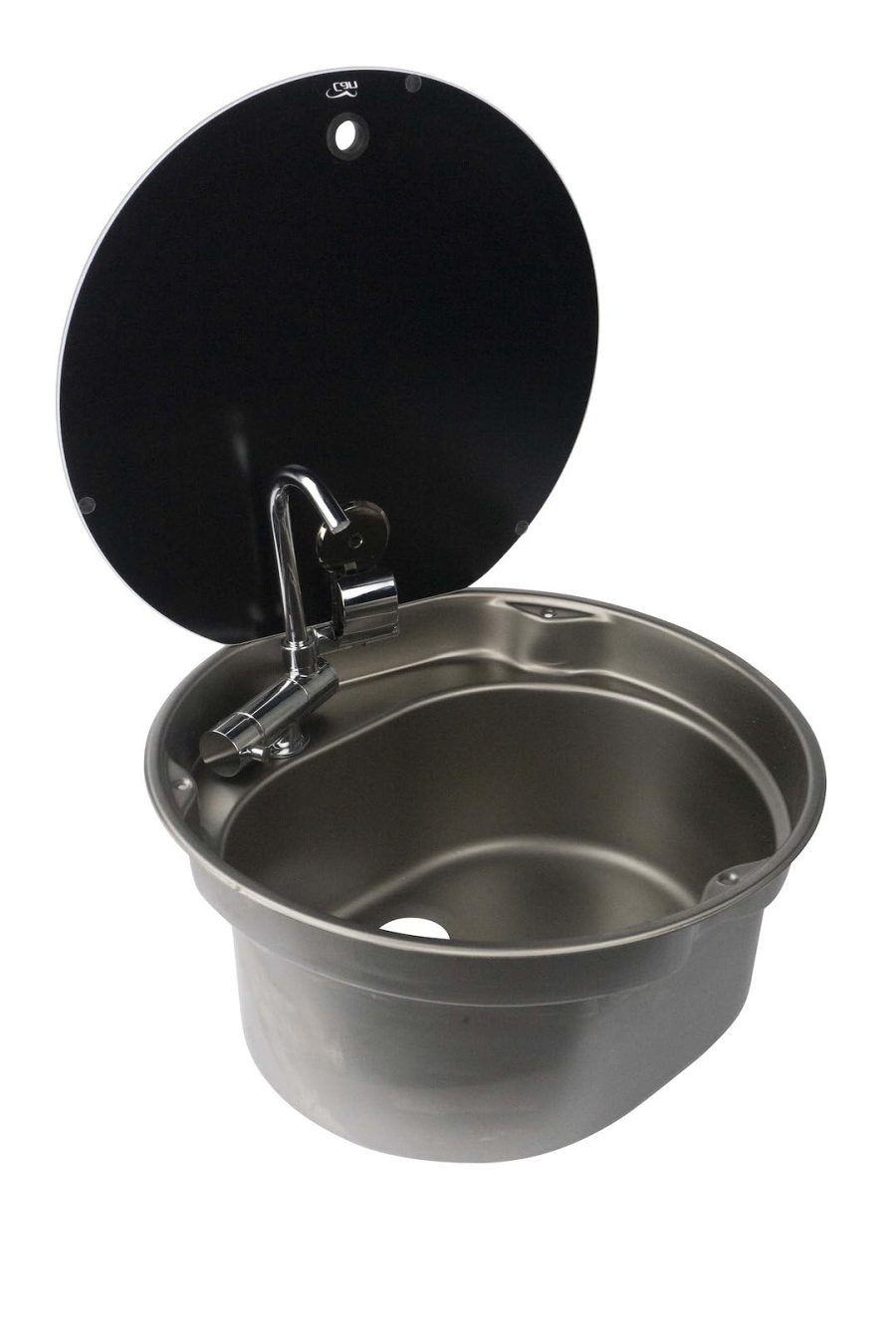 SUBURBAN 3262AST CAN 16 INCH Round Stainless-Steel RV Sink with Smoked Glass Lid, All Stainless-Steel Construction, Easy-to-Clean, Fold Down Spigot Included