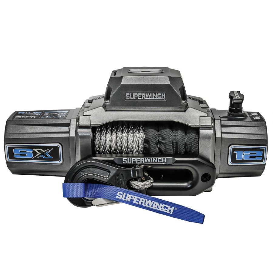 SUPERWINCH 1712201 SX12SR 12V DC Electric Waterproof Recovery Winch 12,000lb/5,443kg Single Line Pull with Hawse Fairlead 3/8in x 85ft Synthetic Rope Corded Handheld and Wireless Remote No-Bind Clutch