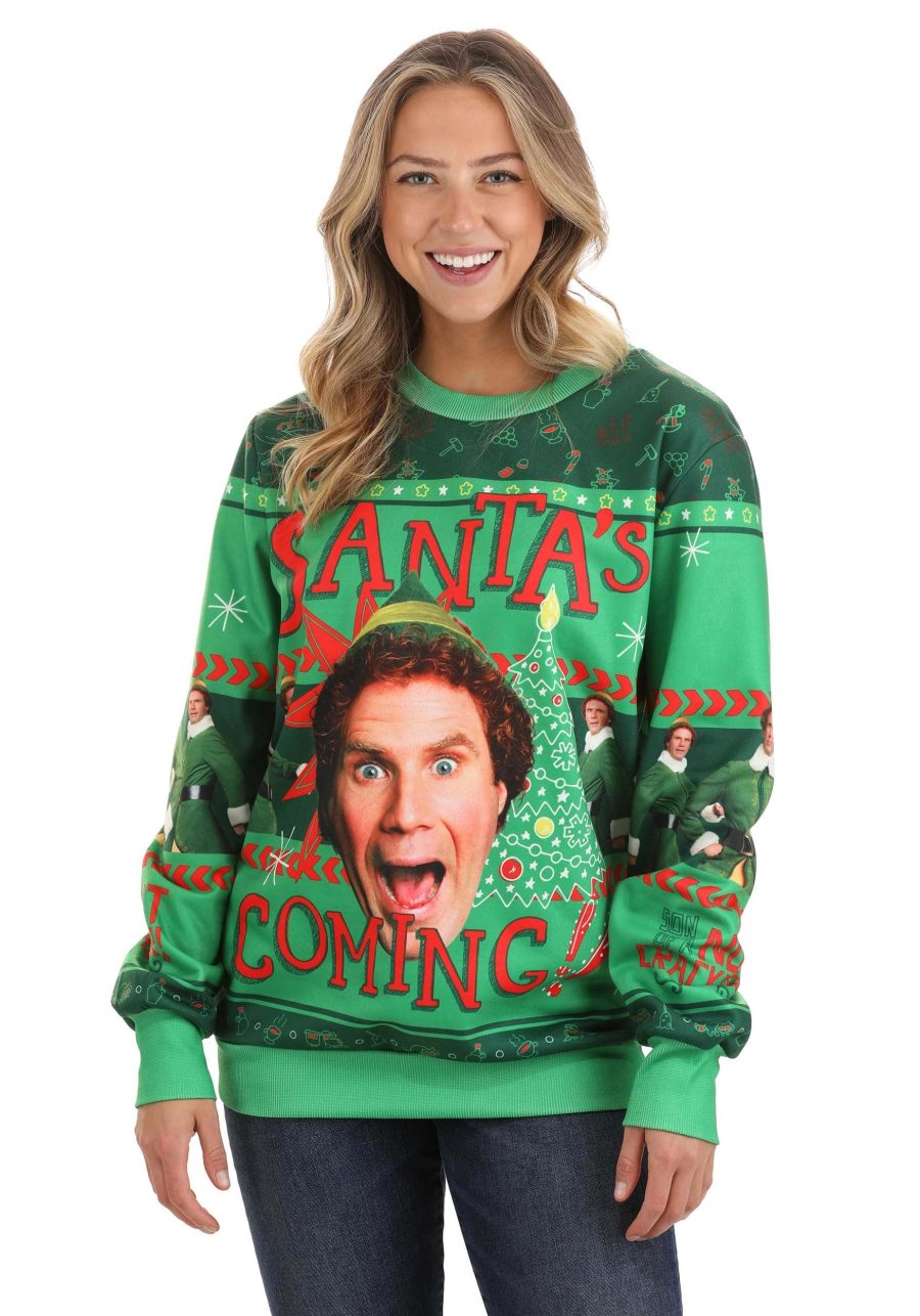 Santa's Coming Elf Ugly Christmas Sweatshirt for Adults