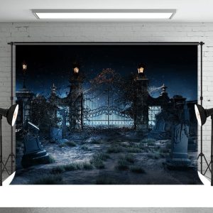 Scary Cemetary Iron Gate Halloween Party Backdrop - Aperturee