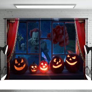 Scary Pumpkin Window With Red Curtain Halloween Backdrop - Aperturee