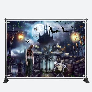 Scary Zombie Bat Castle Night Halloween Backdrop - Aperturee