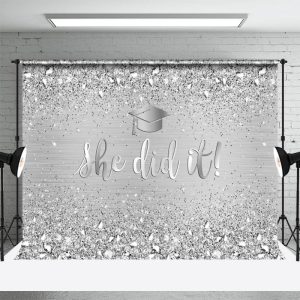 She Did Glitter Silver Diamonds Graduation Backdrop - Aperturee