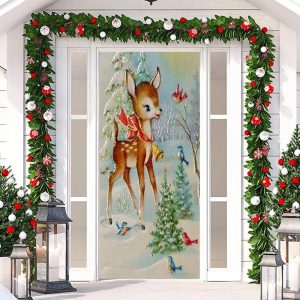 Sika Deer Birds Snowfield Christmas Tree Door Cover - Aperturee