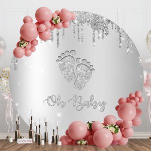 Sliver Glitter Footprint Round Baby Shower Backdrop - Aperturee