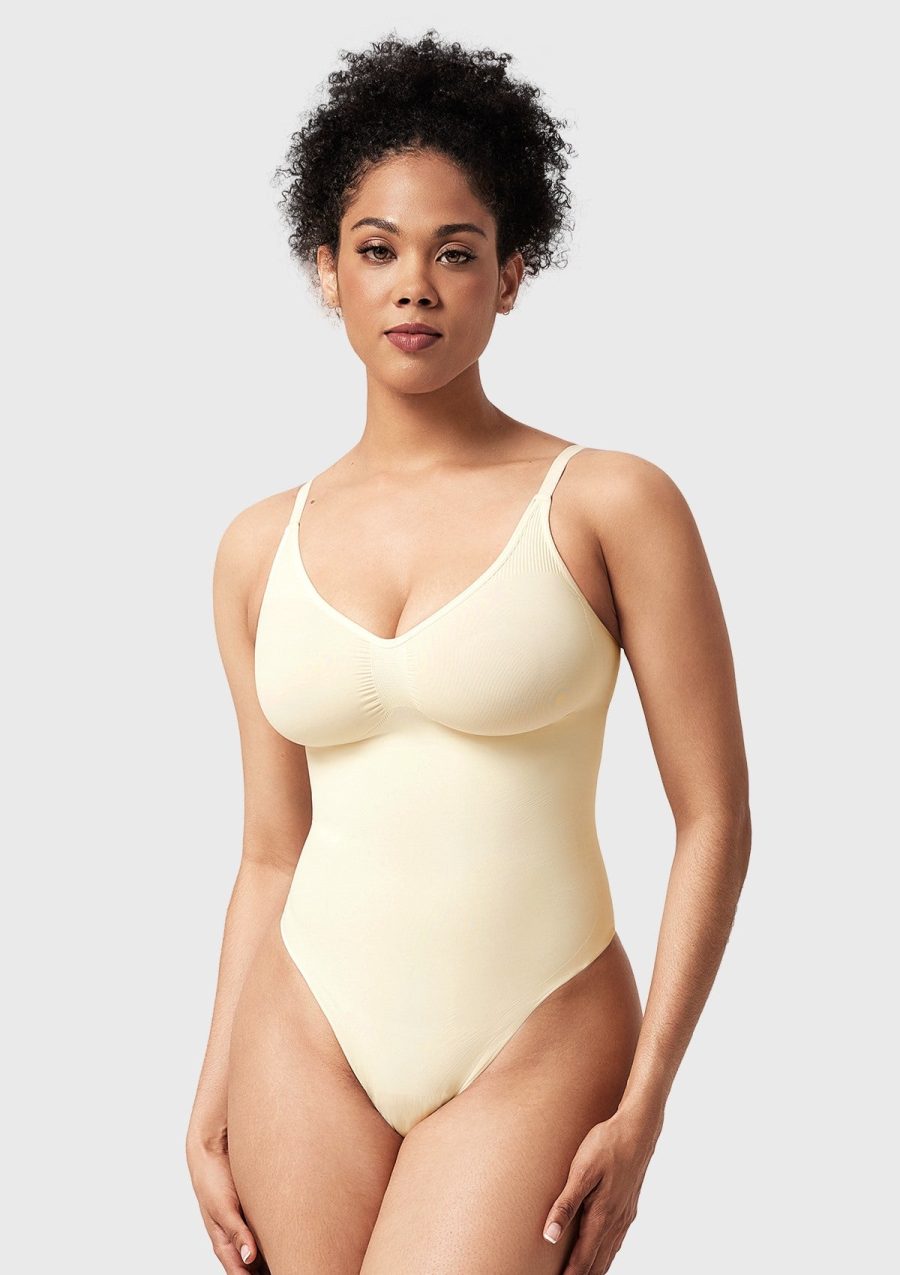 Songful V-Neck Tummy Control WireFree Seamless Bodysuits One Piece Shapewear - Ivory / XS/S