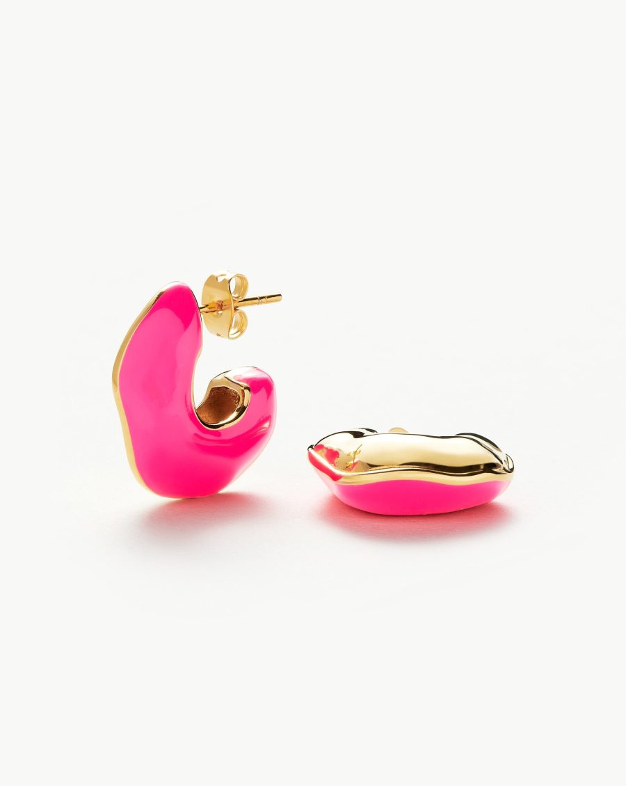 Squiggle Chubby Two Tone Enamel Hoop Earrings | 18k Gold Plated, Hot Pink