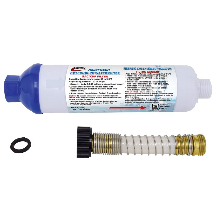 VALTERRA A01-1131VP AquaFRESH Exterior RV Water Filter Kit with Hose Connections and Hose Saver