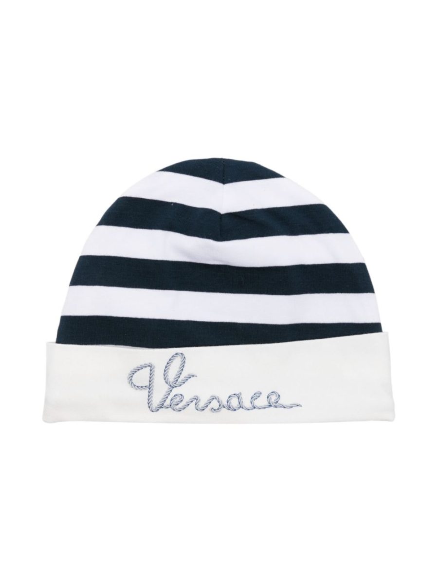 VERSACE KIDS Boys Logo Embroidered Striped Beanie Navy/White