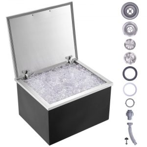 VEVOR Drop in Ice Chest, 28"L x 16"W x 17"H Stainless Steel Ice Cooler, Commercial Ice Bin with Hinged Cover, 40 qt Outdoor Kitchen Ice Bar, Drain-pipe and Drain Plug Included, for Cold Wine Beer