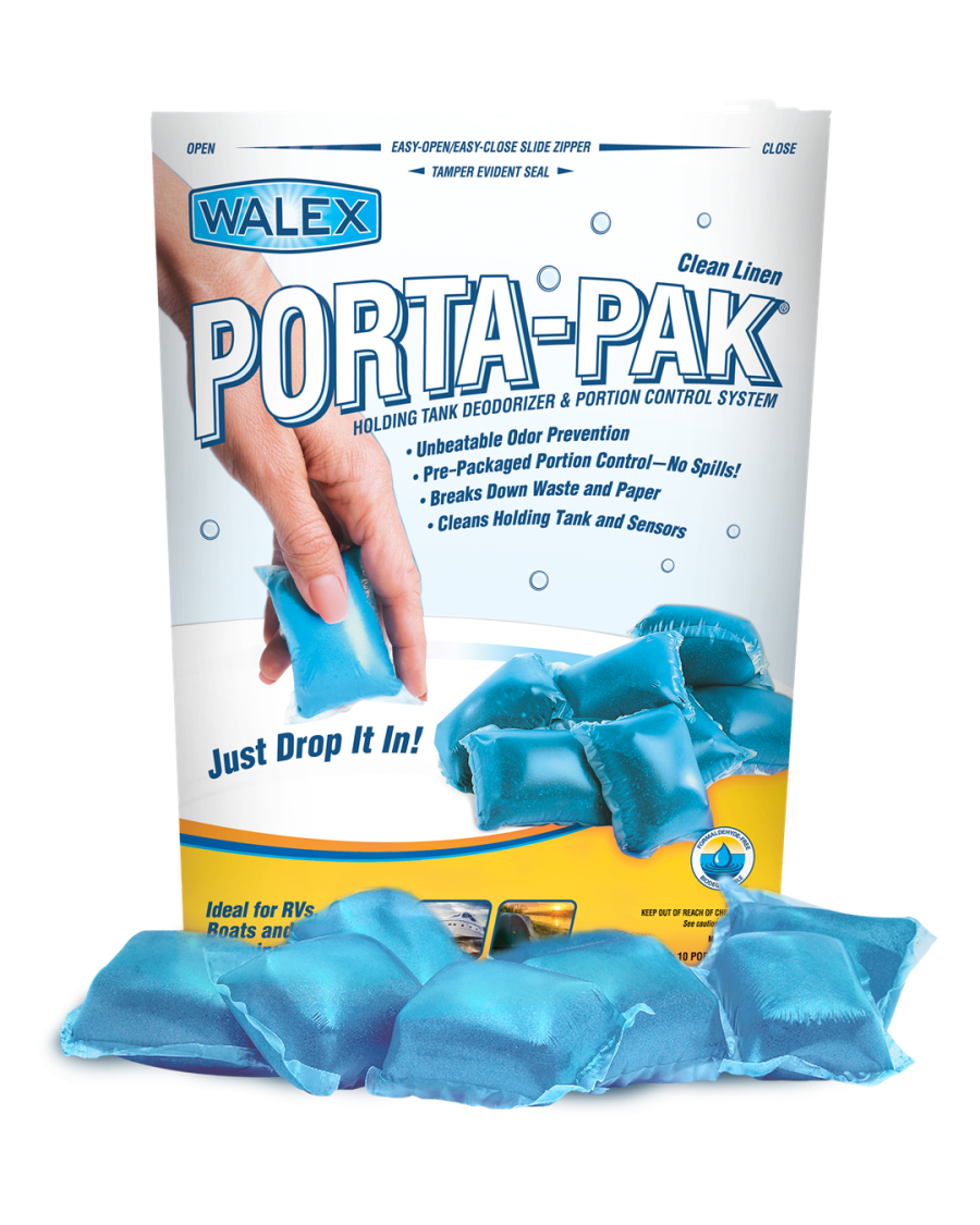 WALEX PRV10CLEAN Porta-Pak Holding Tank Deodorizer Drop-Ins, Controls Unpleasant Odors Even at Extreme Temperatures, Commercial Strength, Refreshing Clean Linen Fragrance, Made in The USA, 10 Treatments