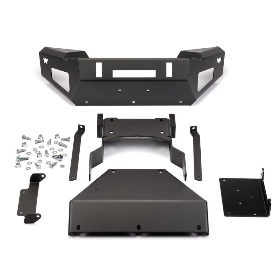 WARN 101712 Bumper; One Piece Angled Design; Direct-Fit; Winch Ready; Integrated Light Port To Mount Auxiliary Flood or Spot Lights (Sold Separately); With Welded Recovery Points For D-Shackles; Powder Coated Black Steel