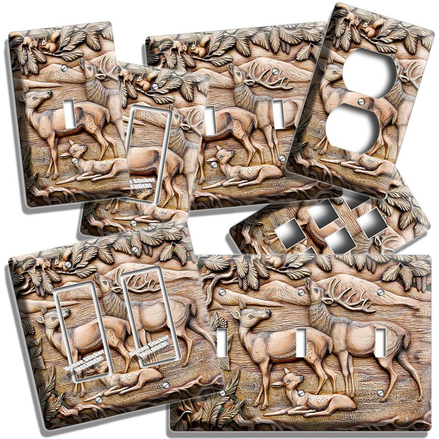 WHITETAIL DEER FAMILY WOOD CARVING LOOK LIGHTSWITCH WALL PLATE OUTLET ROOM DECOR