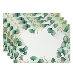 Watercolor Green Gold Leaves Set Of 4 Placemats - Aperturee