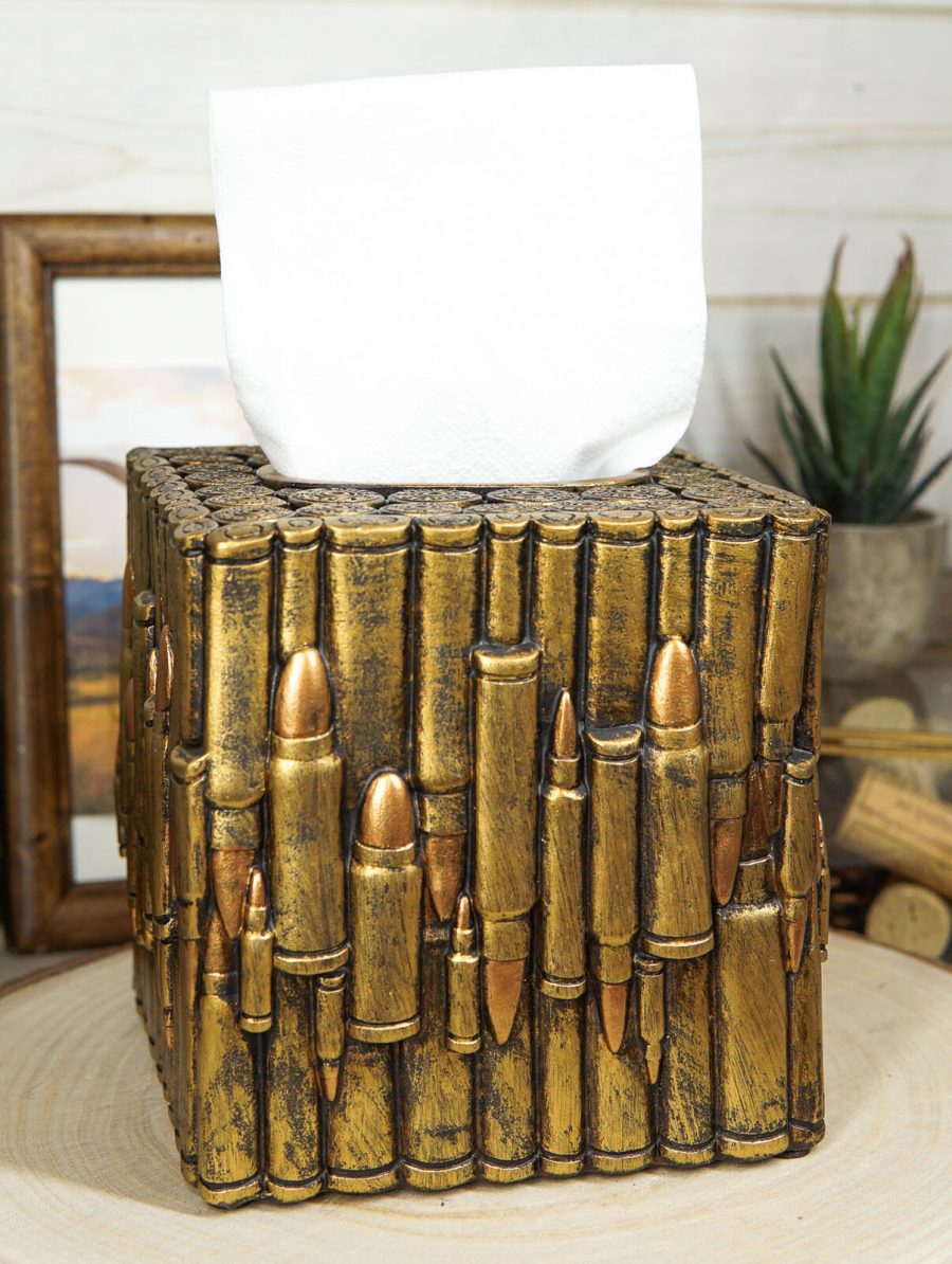 Western Military Rifle Ammo Shells Gold Tone Bullets Tissue Box Holder Case