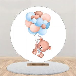 White Blue Bear Balloon Round Baby Shower Backdrop - Aperturee