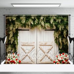 White Creeper Flowers Wooden Door Spring Backdrop - Aperturee