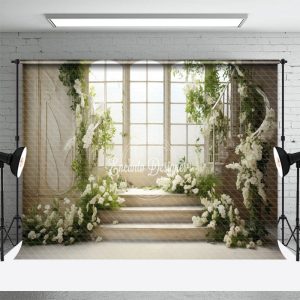 White Elegant Floral Wall Door Stair Spring Backdrop - Aperturee