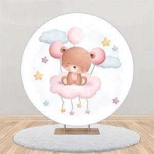 White Pink Simling Bear Round Baby Shower Backdrop - Aperturee