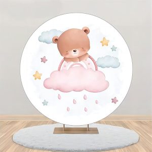 White Pink Sleeping Bear Round Baby Shower Backdrop - Aperturee