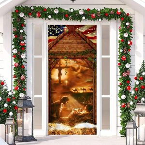 Wooden House Human Baby Holy Christmas Door Cover - Aperturee