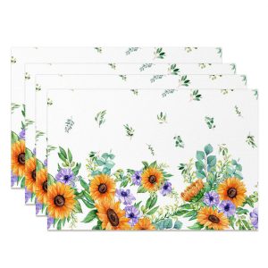 Yellow Purple Floral Leaf Dining Set Of 4 Placemats - Aperturee