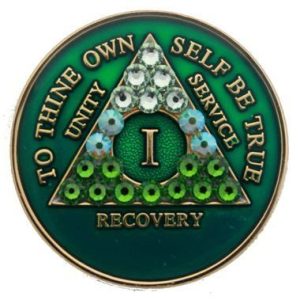 1 Year Green Transition Swarovski Crystals Tri-Plate Alcoholics Anonymous Medall