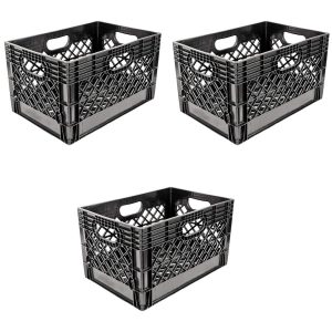 24 Quart Stackable Storage Crate With Handles, Black (3 Pack)