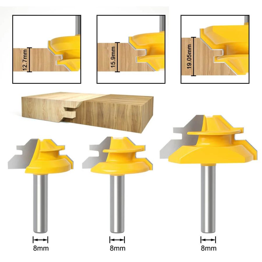 6mm/6.35mm/8mm CNXING Carbide Alloy Shank 45 Degree Lock Miter Router Bit for Woodworking