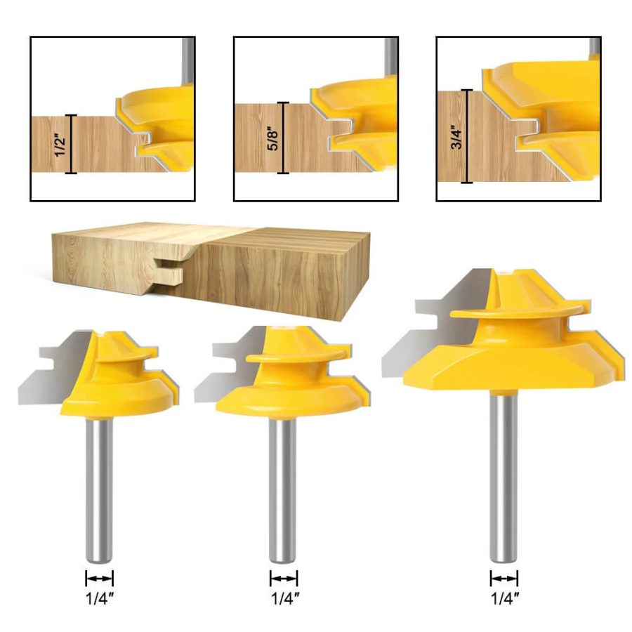 6mm/6.35mm/8mm CNXING Carbide Alloy Shank 45 Degree Lock Miter Router Bit for Woodworking