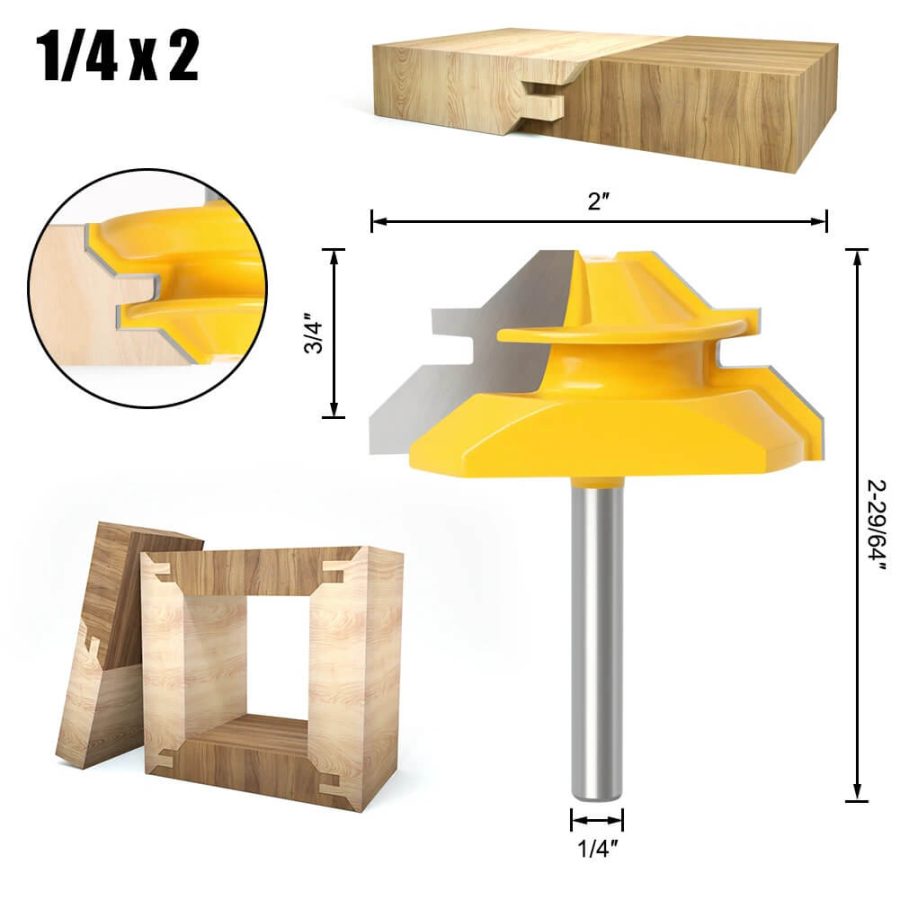 6mm/6.35mm/8mm CNXING Carbide Alloy Shank 45 Degree Lock Miter Router Bit for Woodworking