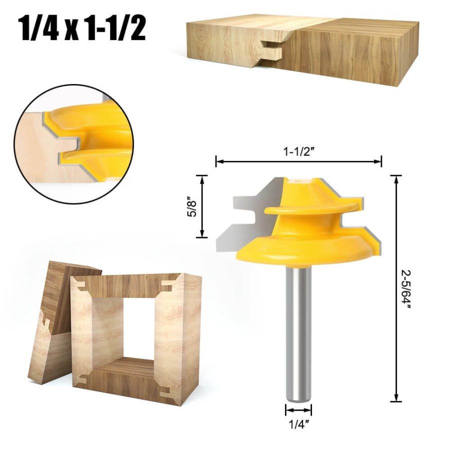 6mm/6.35mm/8mm CNXING Carbide Alloy Shank 45 Degree Lock Miter Router Bit for Woodworking