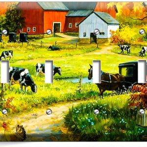 AMISH COUNTRY FARM BARN COWS HORSE CARRIAGE 4 GANG LIGHT SWITCH PLATE ROOM DECOR