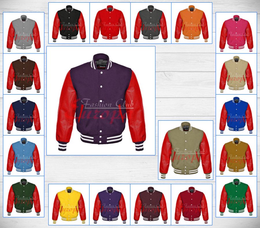 American Unisex Red Real Leather Sleeves Letterman College Varsity Wool Jacket