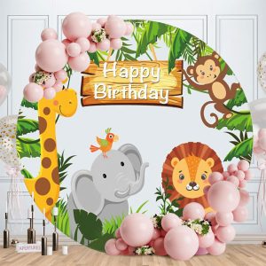 Aperturee Animals Green Grassland Round Happy Birthday Backdrop