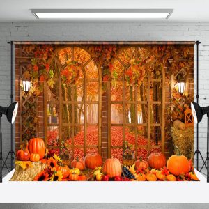 Aperturee Arch Window Autumn Maple Leaves Pumpkin Photo Backdrop | Fall Photography Backdrops | Diy Fall Photo Backdrop | Fall Festival Backdrop