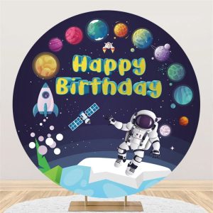 Aperturee Astronaut In Space Theme Round Happy Birthday Backdrop | Custom Round Backdrop | Circle Party Backdrop | Round Backdrop Stand Covers