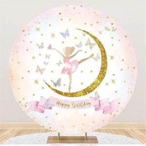 Aperturee Ballet With Butterfly Glitter Round Birthday Backdrop | Round Party Backdrop | Custom Round Birthday Backdrop | Round Backdrop Stand Covers