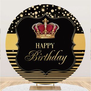 Aperturee Black And Gold Crown Circle Happy Birthday Backdrop | Happy Birthday Round Backdrop | Circle Birthday Backdrop | Circle Party Backdrop