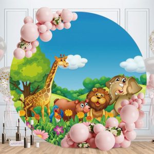 Aperturee Blue Sky And Cute Animals Round Birthday Party Backdrop