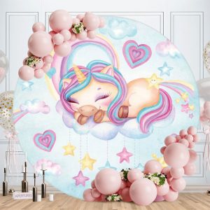 Aperturee Blue Sky And Pink Unicorn Round Happy Birthday Backdrop