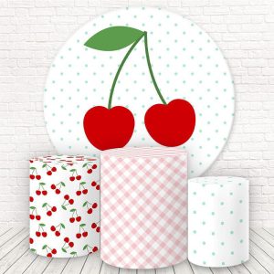 Aperturee Cherry Pink Plaid Green Spot Round Backdrop Kit | Custom Round Birthday Backdrop | Birthday Round Backdrop Cover | Round Party Backdrop