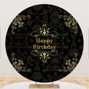 Aperturee Circle Black Yellow Flower Happy Birthday Backdrop | Circle Party Backdrop | Round Birthday Backdrop Cover | Round Backdrop Stand Covers